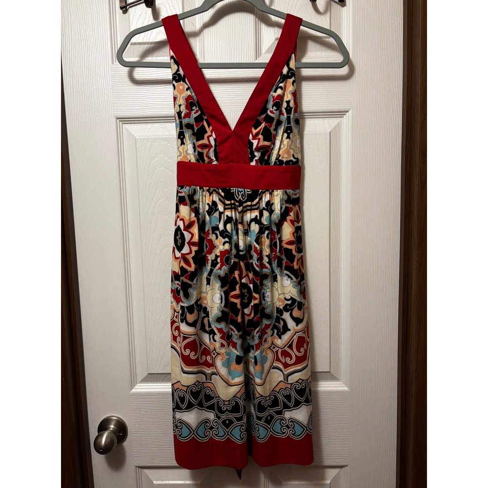 Trulli Petite Red Multi Color Geometric Print V-Neck Empire Waist Dress 2P